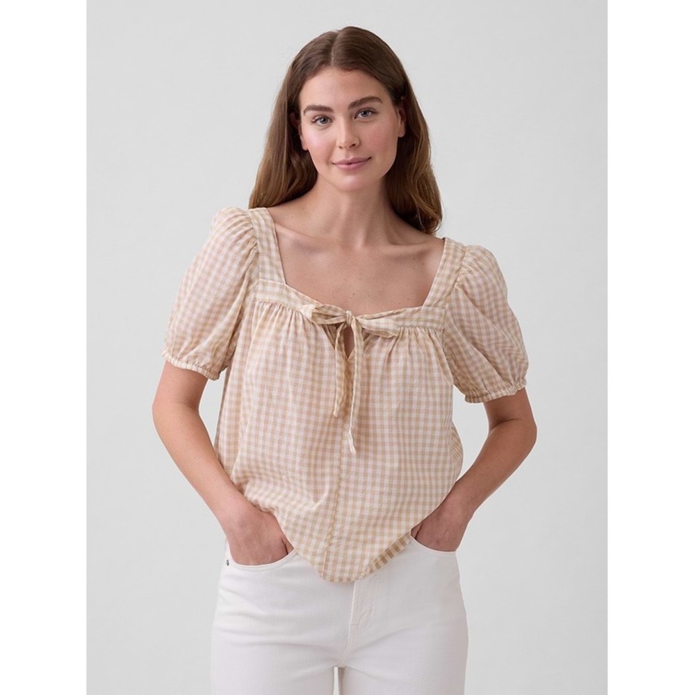 Gap Women XL Tan Gingham Puff Sleeve Square Neck Tie Front Blouse NWT